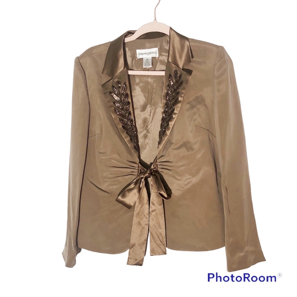 Pure SILK Bloomingdale’s toasty beigesatin tie front beaded lapel blazer sz 14P